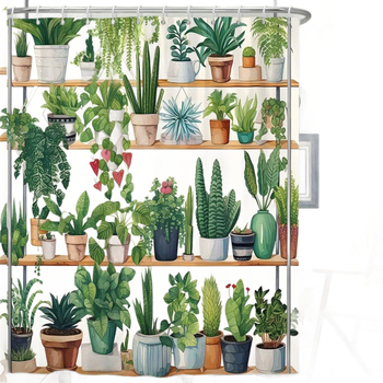 Perdea de duș pentru plante de interior cu design realist de suculente și plante verzi, 12 cârlige, lavabilă la mașină