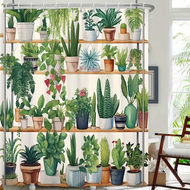 Perdea de duș pentru plante de interior cu design realist de suculente și plante verzi, 12 cârlige, lavabilă la mașină