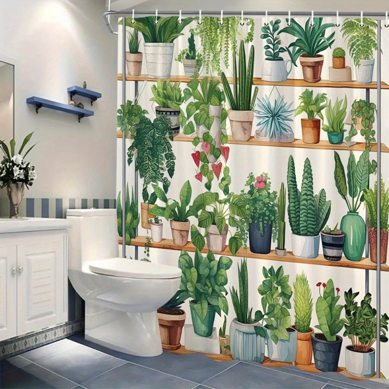 Perdea de duș pentru plante de interior cu design realist de suculente și plante verzi, 12 cârlige, lavabilă la mașină