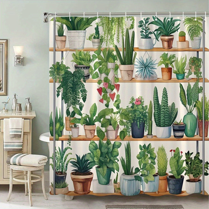 Perdea de duș pentru plante de interior cu design realist de suculente și plante verzi, 12 cârlige, lavabilă la mașină