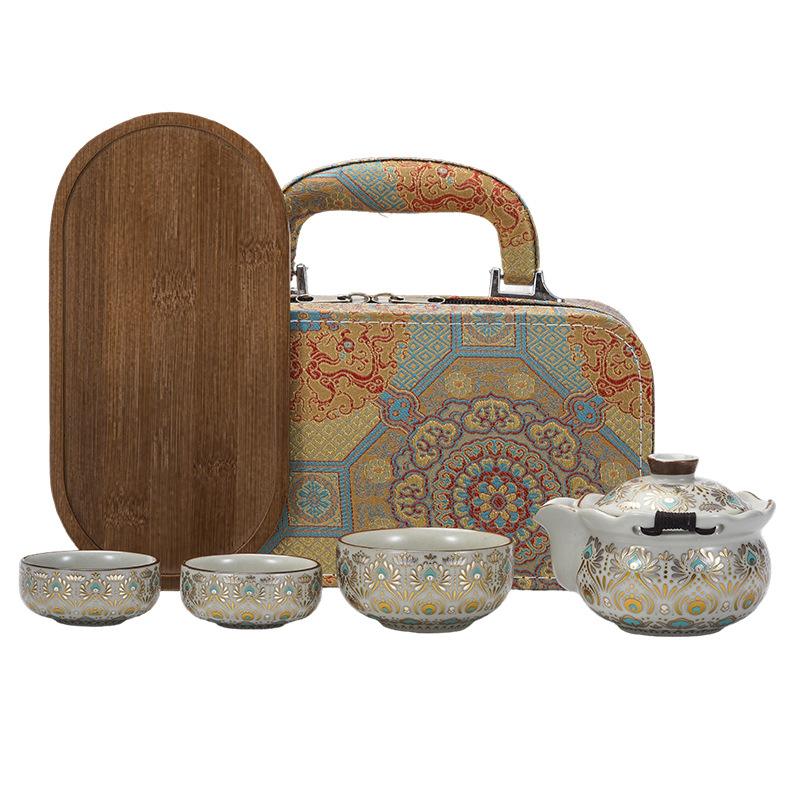 Set de ceai cu incrustații din aur și argint, ceainic portabil cu trei cești, stil retro ușor luxos, cadou ideal.