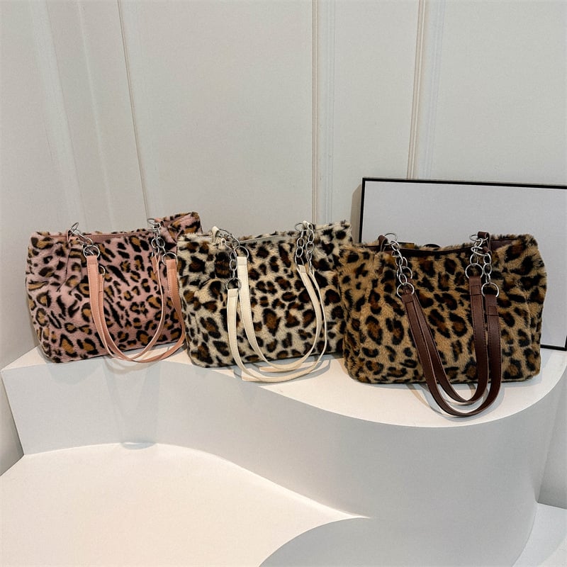Minimalistička torba velike kapacitete s leopard uzorkom, pliš tote torba za rame za žene