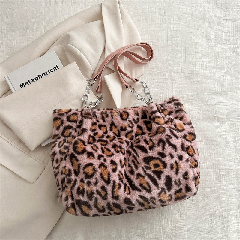 Minimalistička torba velike kapacitete s leopard uzorkom, pliš tote torba za rame za žene