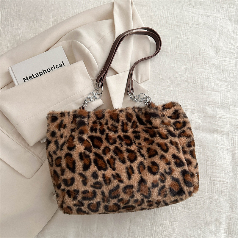 Minimalistička torba velike kapacitete s leopard uzorkom, pliš tote torba za rame za žene