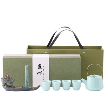 Ceainic ceramic cu mâner și set de ceai Kung Fu, un ceainic și patru cești, cadou corporativ pentru clienți, cutie cadou