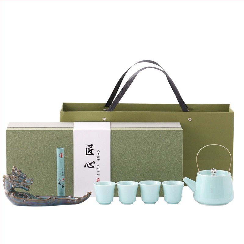 Ceainic ceramic cu mâner și set de ceai Kung Fu, un ceainic și patru cești, cadou corporativ pentru clienți, cutie cadou