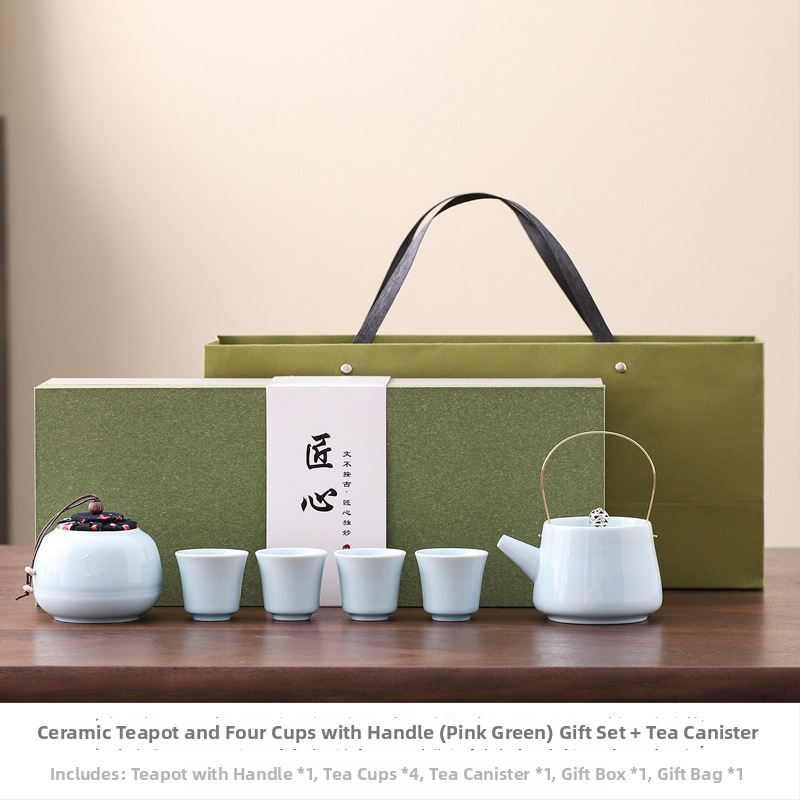Ceainic ceramic cu mâner și set de ceai Kung Fu, un ceainic și patru cești, cadou corporativ pentru clienți, cutie cadou