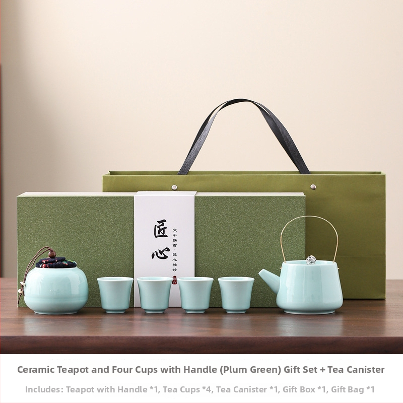 Ceainic ceramic cu mâner și set de ceai Kung Fu, un ceainic și patru cești, cadou corporativ pentru clienți, cutie cadou