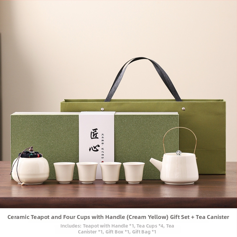 Ceainic ceramic cu mâner și set de ceai Kung Fu, un ceainic și patru cești, cadou corporativ pentru clienți, cutie cadou