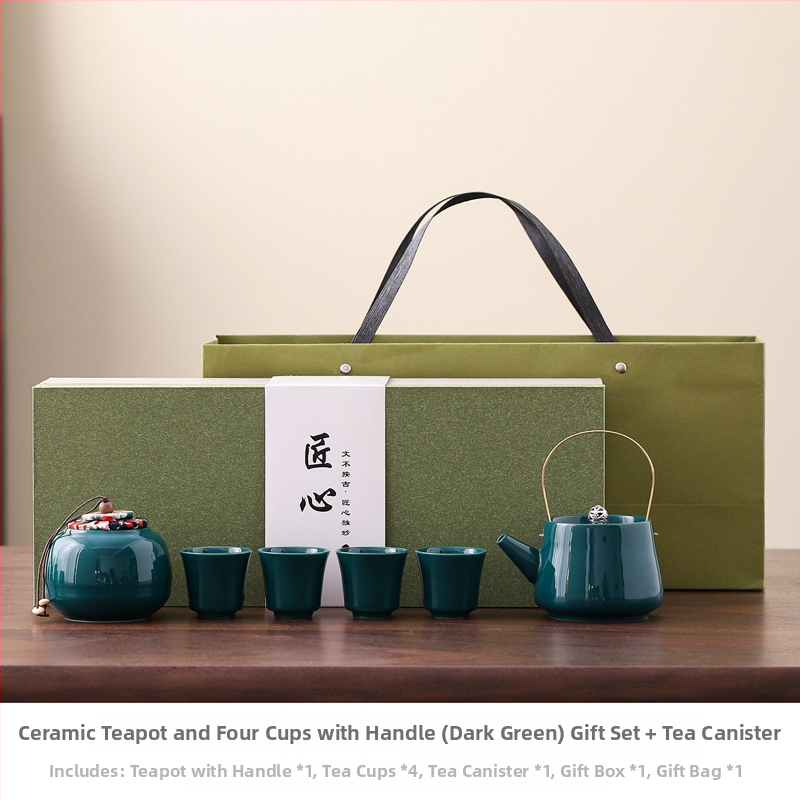 Ceainic ceramic cu mâner și set de ceai Kung Fu, un ceainic și patru cești, cadou corporativ pentru clienți, cutie cadou