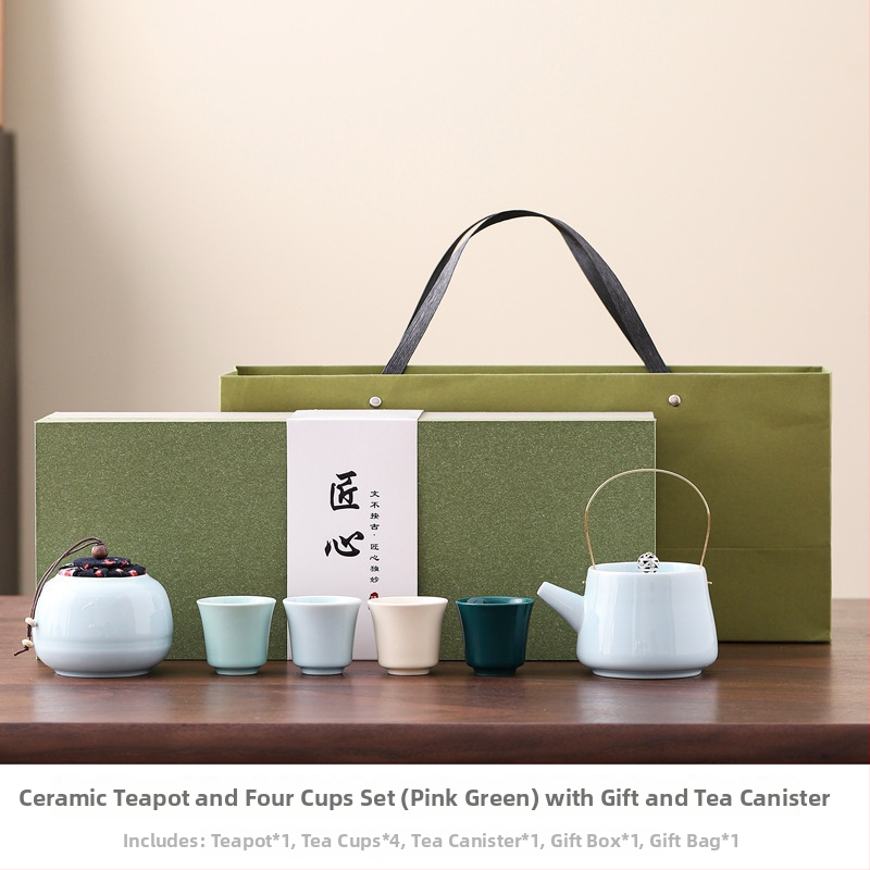 Ceainic ceramic cu mâner și set de ceai Kung Fu, un ceainic și patru cești, cadou corporativ pentru clienți, cutie cadou