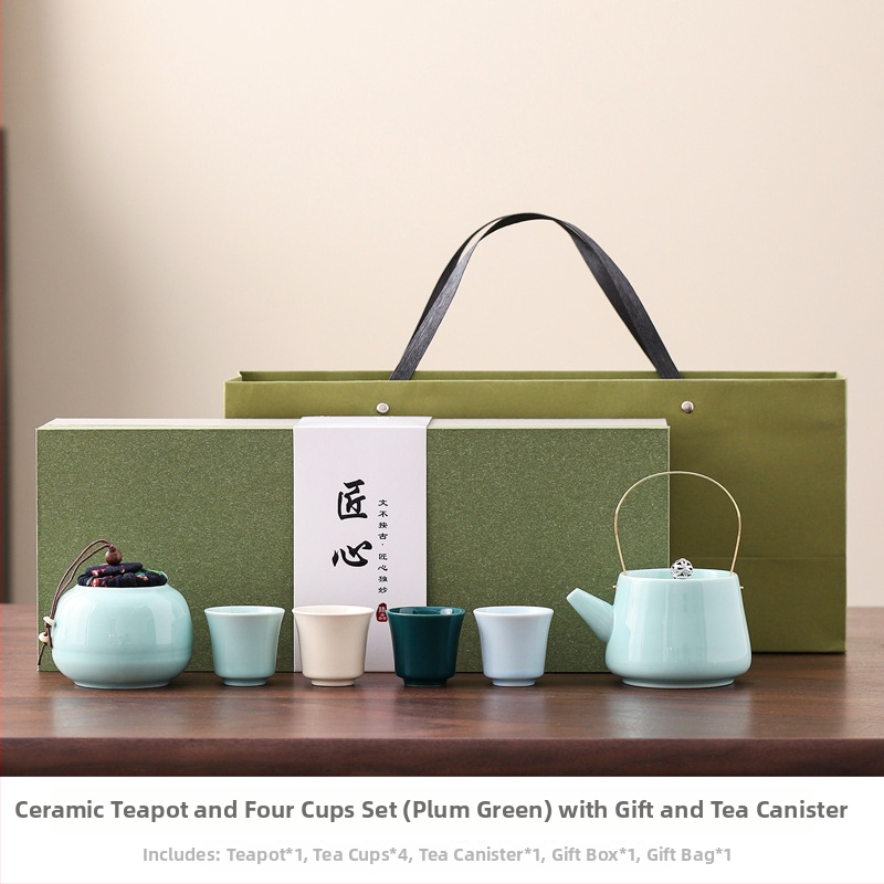 Ceainic ceramic cu mâner și set de ceai Kung Fu, un ceainic și patru cești, cadou corporativ pentru clienți, cutie cadou