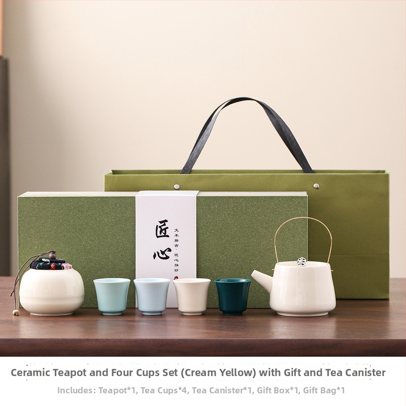 Ceainic ceramic cu mâner și set de ceai Kung Fu, un ceainic și patru cești, cadou corporativ pentru clienți, cutie cadou