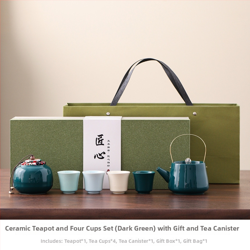 Ceainic ceramic cu mâner și set de ceai Kung Fu, un ceainic și patru cești, cadou corporativ pentru clienți, cutie cadou