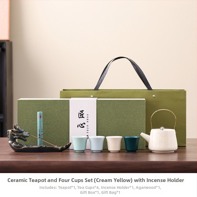 Ceainic ceramic cu mâner și set de ceai Kung Fu, un ceainic și patru cești, cadou corporativ pentru clienți, cutie cadou
