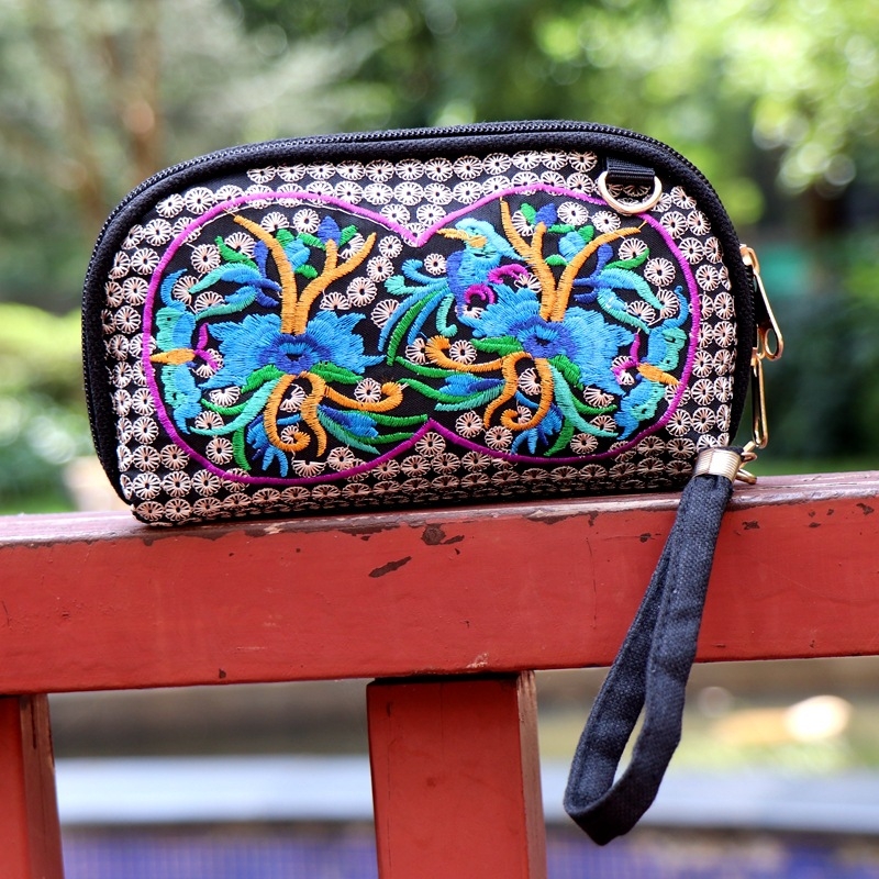 Etno inspirirana izšivana platnena torbica s novčanikom, ženska torba na rame ili crossbody za mobitel
