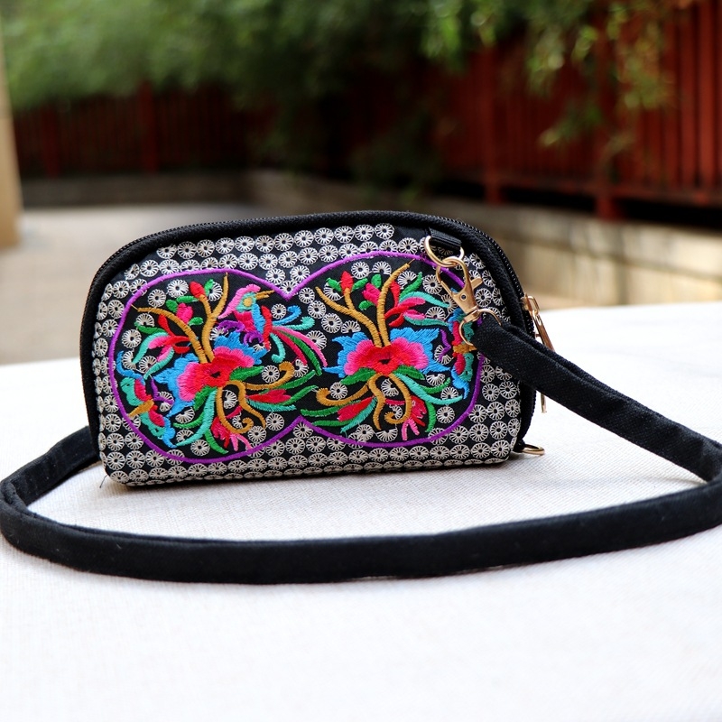 Etno inspirirana izšivana platnena torbica s novčanikom, ženska torba na rame ili crossbody za mobitel