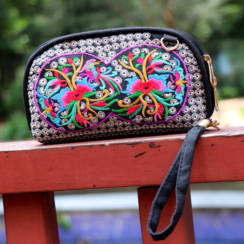 Etno inspirirana izšivana platnena torbica s novčanikom, ženska torba na rame ili crossbody za mobitel