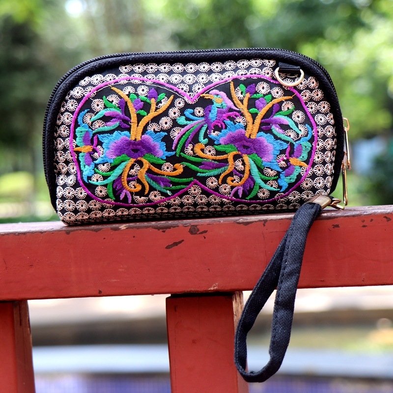 Etno inspirirana izšivana platnena torbica s novčanikom, ženska torba na rame ili crossbody za mobitel