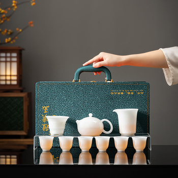 Set ceai Gongfu din porțelan alb, textură asemănătoare jadului, cutie cadou de lux, imprimare logo disponibil