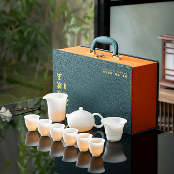 Set ceai Gongfu din porțelan alb, textură asemănătoare jadului, cutie cadou de lux, imprimare logo disponibil