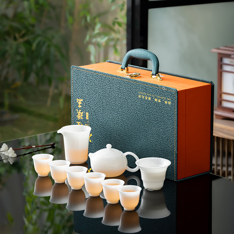 Set ceai Gongfu din porțelan alb, textură asemănătoare jadului, cutie cadou de lux, imprimare logo disponibil