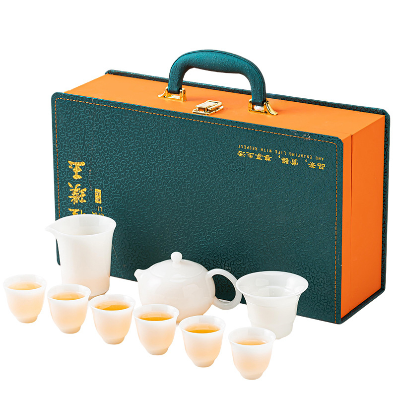 Set ceai Gongfu din porțelan alb, textură asemănătoare jadului, cutie cadou de lux, imprimare logo disponibil