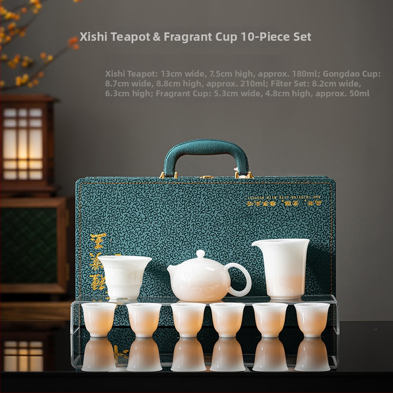 Set ceai Gongfu din porțelan alb, textură asemănătoare jadului, cutie cadou de lux, imprimare logo disponibil