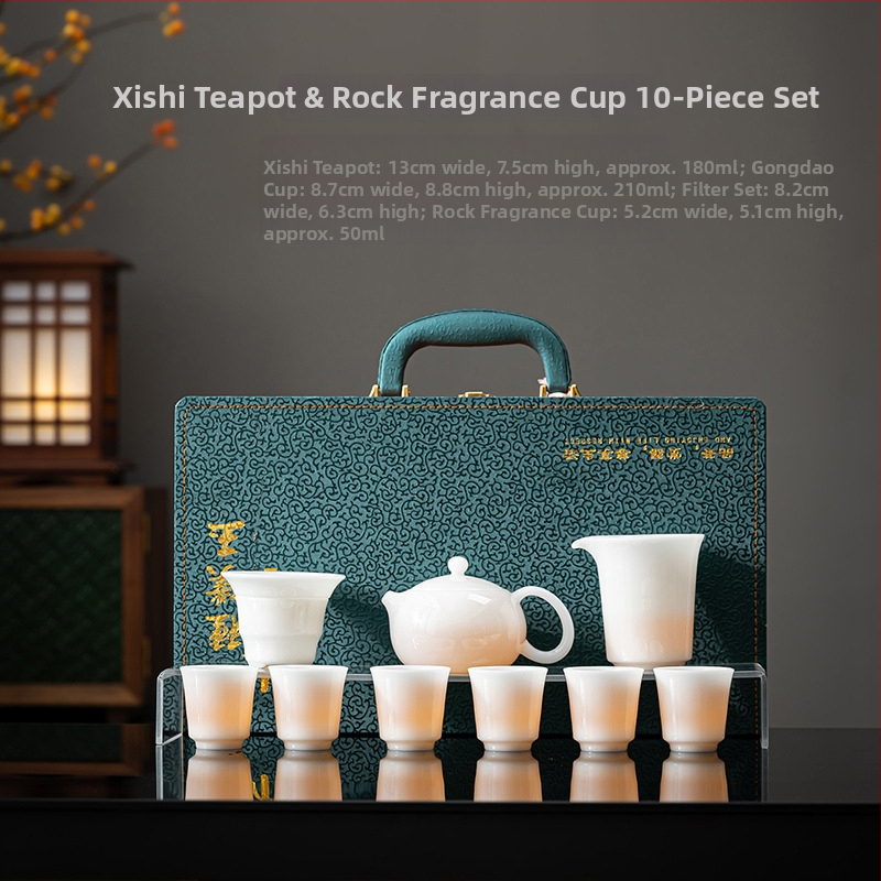 Set ceai Gongfu din porțelan alb, textură asemănătoare jadului, cutie cadou de lux, imprimare logo disponibil