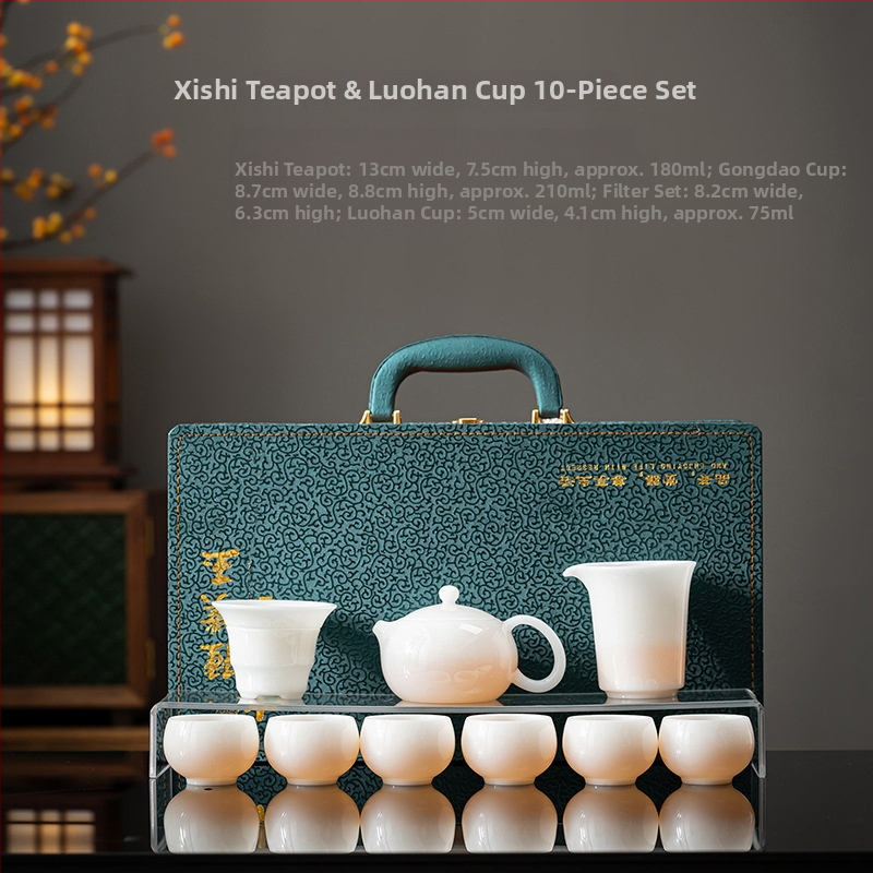 Set ceai Gongfu din porțelan alb, textură asemănătoare jadului, cutie cadou de lux, imprimare logo disponibil