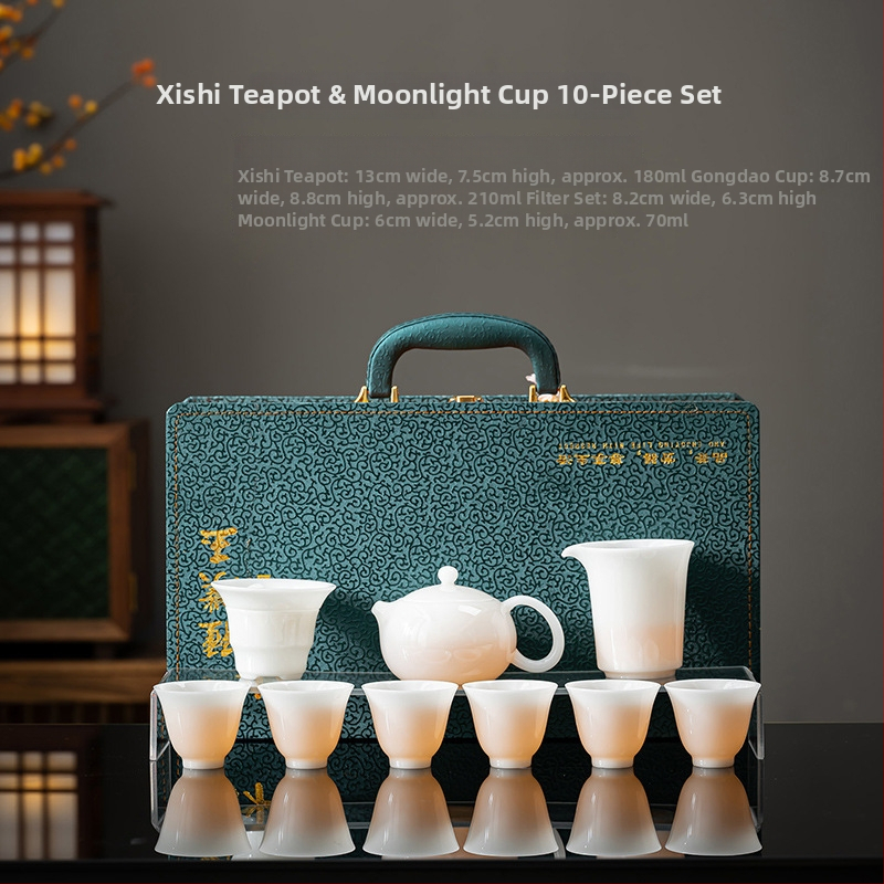 Set ceai Gongfu din porțelan alb, textură asemănătoare jadului, cutie cadou de lux, imprimare logo disponibil