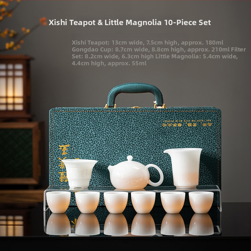 Set ceai Gongfu din porțelan alb, textură asemănătoare jadului, cutie cadou de lux, imprimare logo disponibil