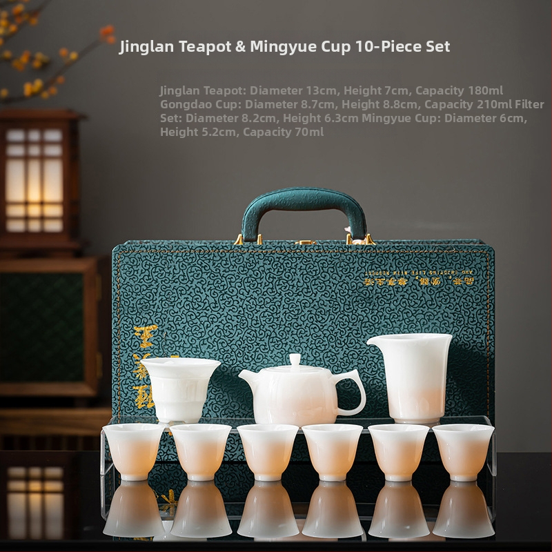 Set ceai Gongfu din porțelan alb, textură asemănătoare jadului, cutie cadou de lux, imprimare logo disponibil