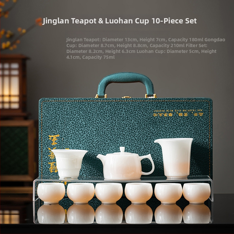 Set ceai Gongfu din porțelan alb, textură asemănătoare jadului, cutie cadou de lux, imprimare logo disponibil