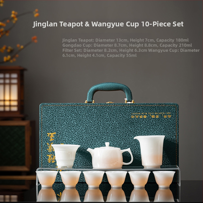 Set ceai Gongfu din porțelan alb, textură asemănătoare jadului, cutie cadou de lux, imprimare logo disponibil