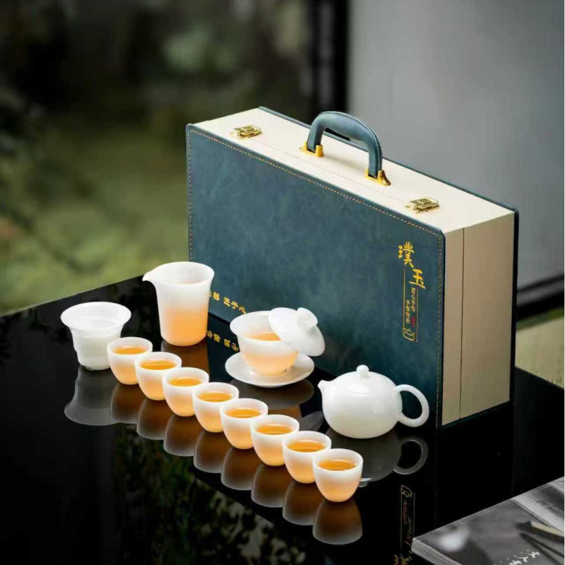 Set ceai Gongfu din porțelan alb, textură asemănătoare jadului, cutie cadou de lux, imprimare logo disponibil