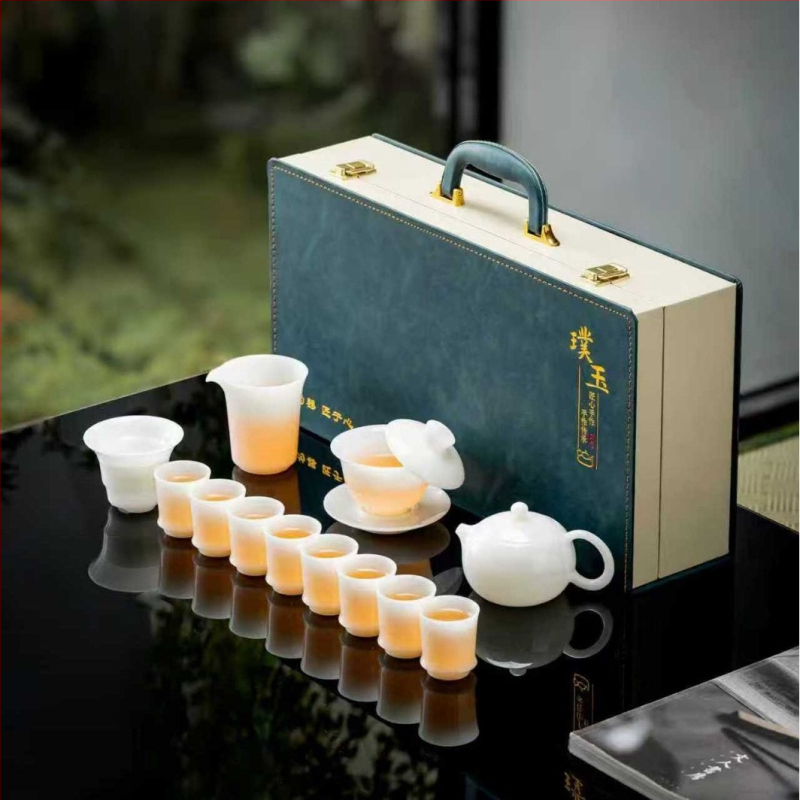 Set ceai Gongfu din porțelan alb, textură asemănătoare jadului, cutie cadou de lux, imprimare logo disponibil