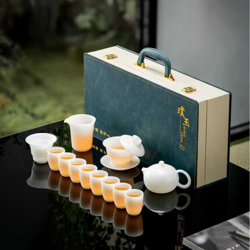 Set ceai Gongfu din porțelan alb, textură asemănătoare jadului, cutie cadou de lux, imprimare logo disponibil