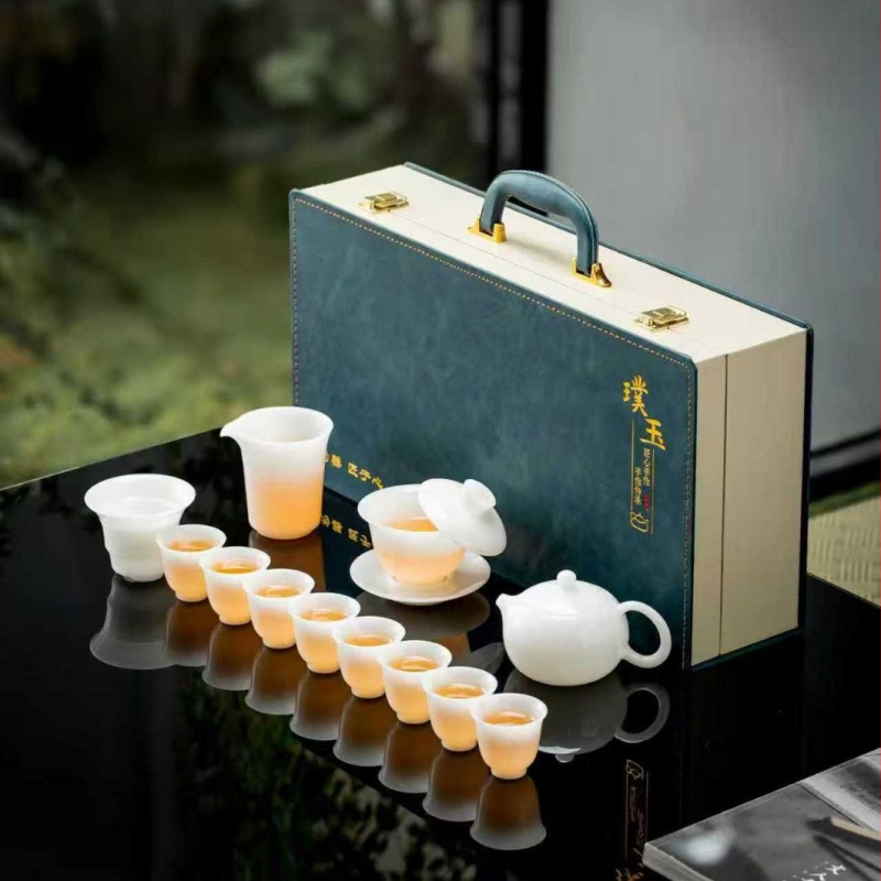 Set ceai Gongfu din porțelan alb, textură asemănătoare jadului, cutie cadou de lux, imprimare logo disponibil