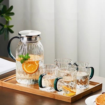 Carafă din sticlă pentru apă rece, textură scoarță de copac, mâner verde-lac, borosilicatat gros, ceainic pentru infuzie la rece