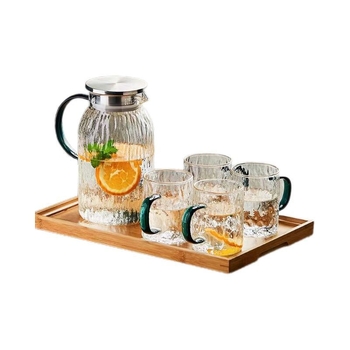 Carafă din sticlă pentru apă rece, textură scoarță de copac, mâner verde-lac, borosilicatat gros, ceainic pentru infuzie la rece