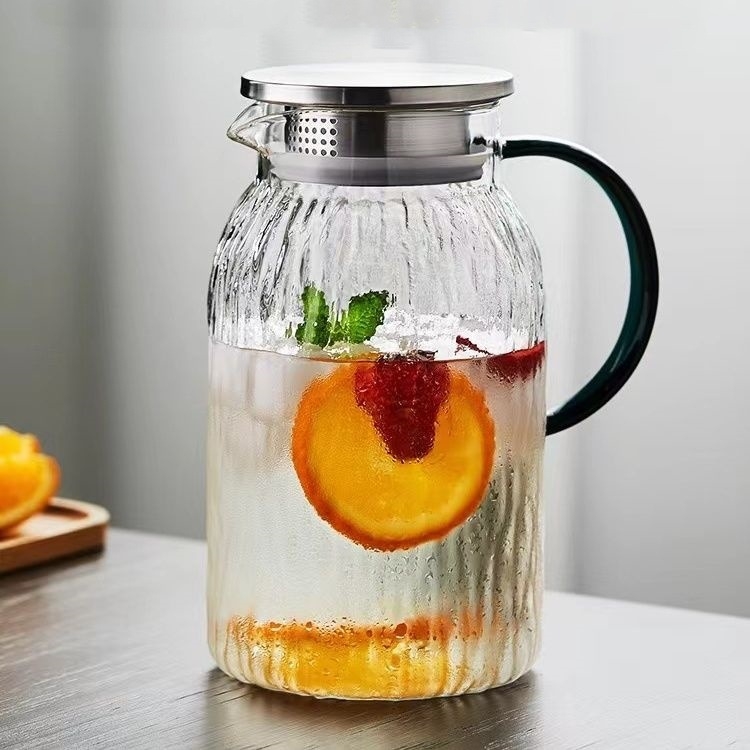 Carafă din sticlă pentru apă rece, textură scoarță de copac, mâner verde-lac, borosilicatat gros, ceainic pentru infuzie la rece