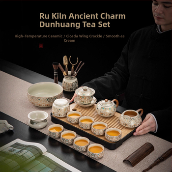 Set de ceai ceramic Ru Kiln, Dunhuang, pentru casă și birou, lux discret, ceainic ceramic cu capac, bol cu capac, tavă pentru ceai uscat și accesorii Kung Fu Tea