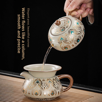 Set de ceai ceramic Ru Kiln, Dunhuang, pentru casă și birou, lux discret, ceainic ceramic cu capac, bol cu capac, tavă pentru ceai uscat și accesorii Kung Fu Tea