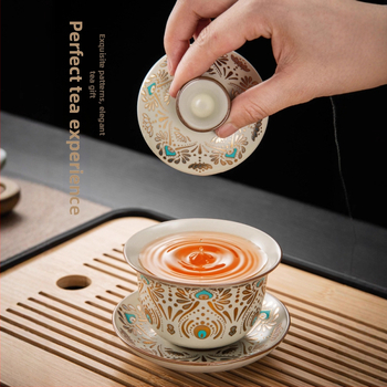 Set de ceai ceramic Ru Kiln, Dunhuang, pentru casă și birou, lux discret, ceainic ceramic cu capac, bol cu capac, tavă pentru ceai uscat și accesorii Kung Fu Tea