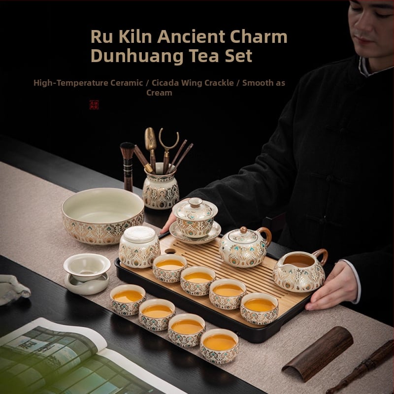 Set de ceai ceramic Ru Kiln, Dunhuang, pentru casă și birou, lux discret, ceainic ceramic cu capac, bol cu capac, tavă pentru ceai uscat și accesorii Kung Fu Tea