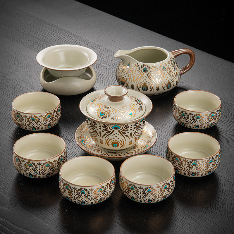 Set de ceai ceramic Ru Kiln, Dunhuang, pentru casă și birou, lux discret, ceainic ceramic cu capac, bol cu capac, tavă pentru ceai uscat și accesorii Kung Fu Tea