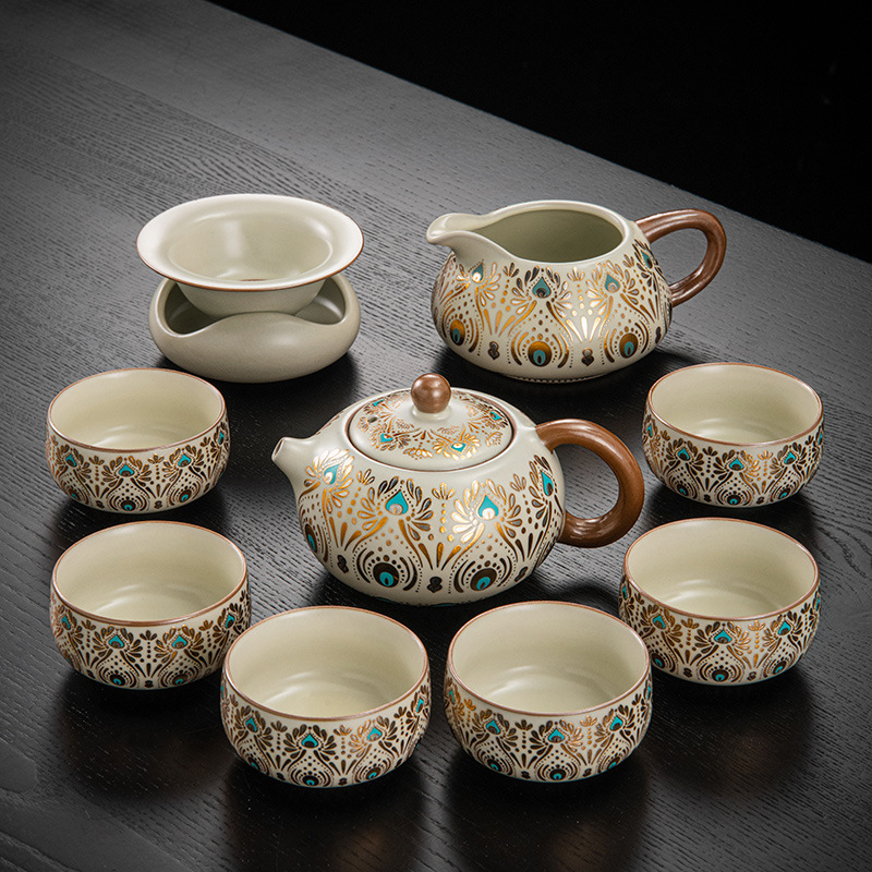 Set de ceai ceramic Ru Kiln, Dunhuang, pentru casă și birou, lux discret, ceainic ceramic cu capac, bol cu capac, tavă pentru ceai uscat și accesorii Kung Fu Tea