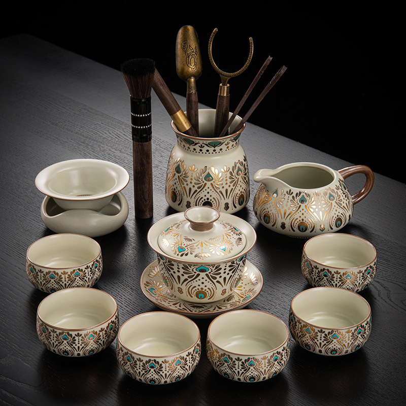 Set de ceai ceramic Ru Kiln, Dunhuang, pentru casă și birou, lux discret, ceainic ceramic cu capac, bol cu capac, tavă pentru ceai uscat și accesorii Kung Fu Tea
