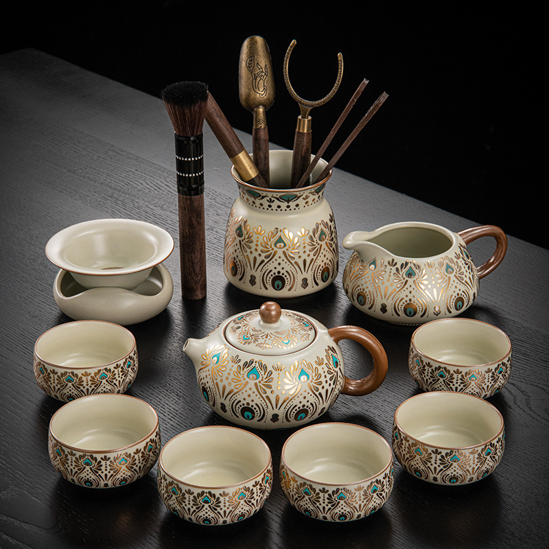 Set de ceai ceramic Ru Kiln, Dunhuang, pentru casă și birou, lux discret, ceainic ceramic cu capac, bol cu capac, tavă pentru ceai uscat și accesorii Kung Fu Tea